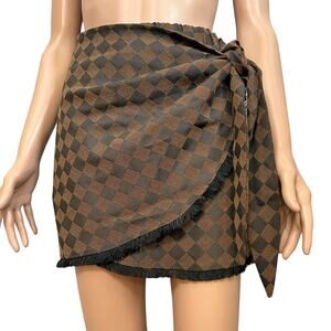 Judith March Checkered Plaid Wrap Mini Skirt Small Woven Fringe Brown Preppy